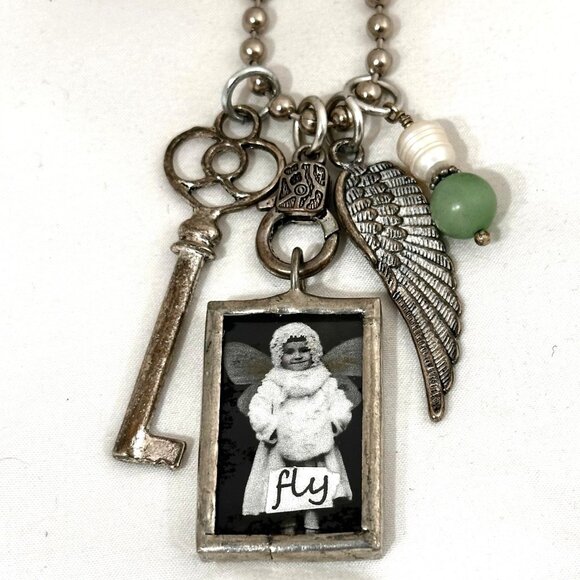 Vintage-Inspired Charm Necklace With Inspirational Quote on Large Ball Chain - Picture 3 of 7